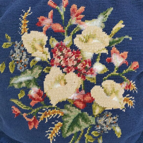 Vintage Floral Needlepoint Petit Point Tapestry Pillow Blue Corduroy 14"x14" - Picture 2 of 8